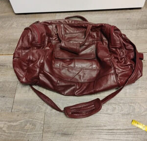 Vtg Carroll Leather Goods Genuine Leather Burgundy Weekender Duffel Travel Bag